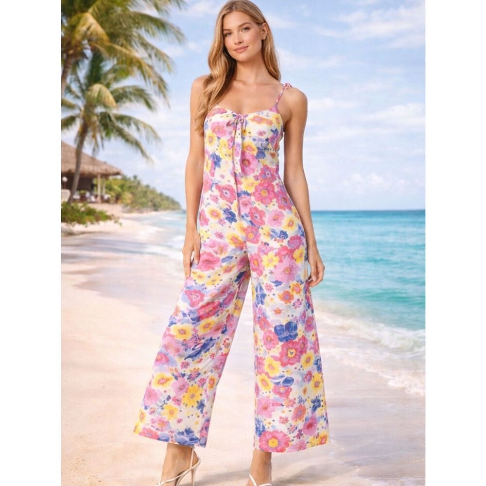 Sugarlips Boho Floral Jumpsuit Wide Leg Flowy Vacation Beach XS